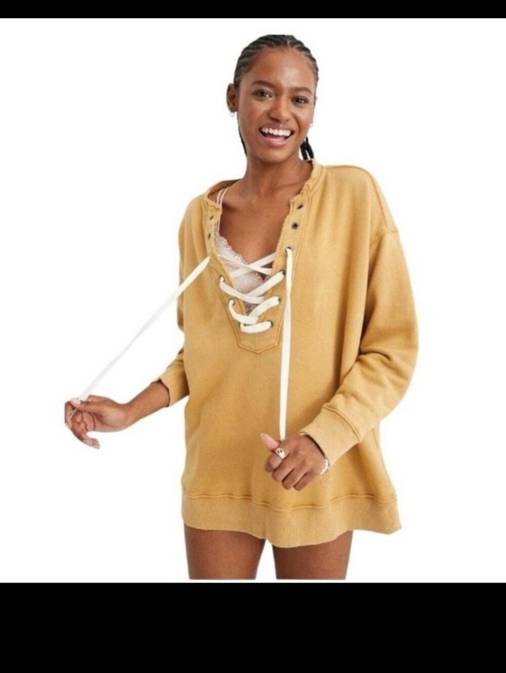 Aerie Mustard Lace-Up Pullover Oversized Sweatshirt Size Small